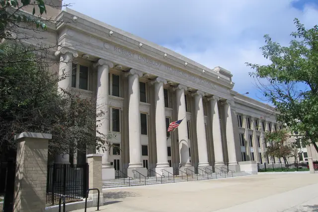 Exterior of the neoclassical main building of Lindblom Math & Science Academy