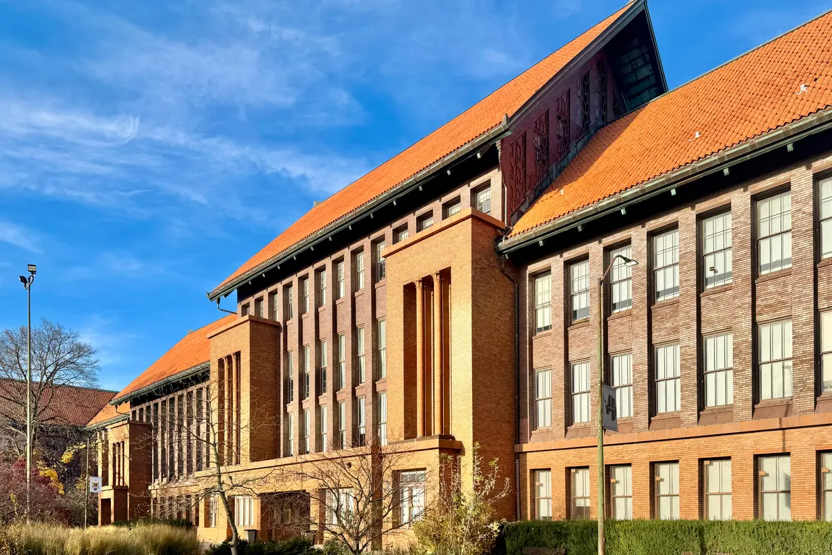 The Prairie-style Carl Schurz High School at Milwaukee Avenue and Addison Street