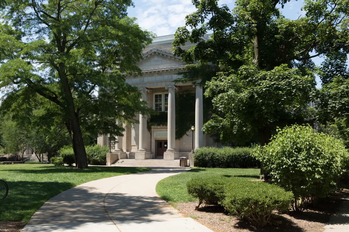 The columned main facade of Nicholas Senn High School in Edgewater